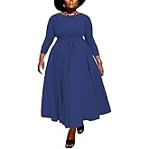 BFFBABY Women's Wrap V Neck Plus Size Maxi Dresses 3/4 Sleeves Chain Floral Printed Swing Dress with Belt