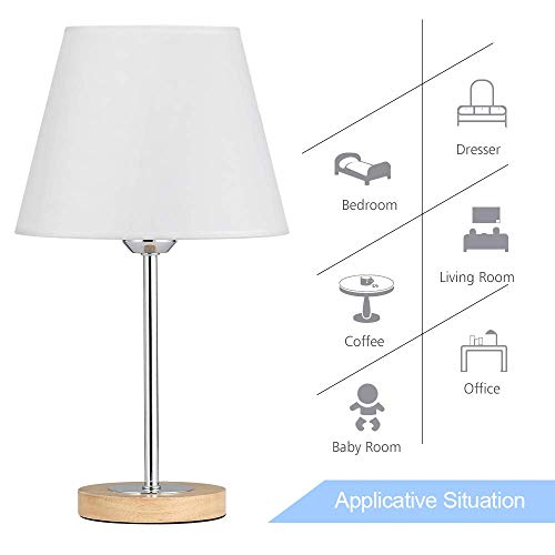 Small Table Lamps Set for Bedroom, Wood Desk Lamp with White Fabric Shade for Dresses, Nightstand, Bedside, Coffee Table in Living Room, College Dorm, Baby Room, Sliver