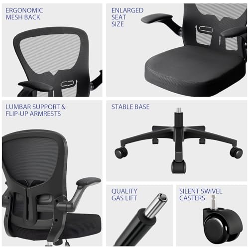 Durrafy Ergonomic Office Chair, Mesh Desk Chair with Adjustable Lumbar Support & Flip-Up Arms, Height Adjustable Swivel for Home Office, Mid Back with Castors, Black