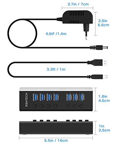 RSHTECH USB 3.0 Hub with 24W Power Supply USB Hub 7 Ports, for Charging and Data Transfer, Multiport USB Hub with Individual Switches and Power Supply