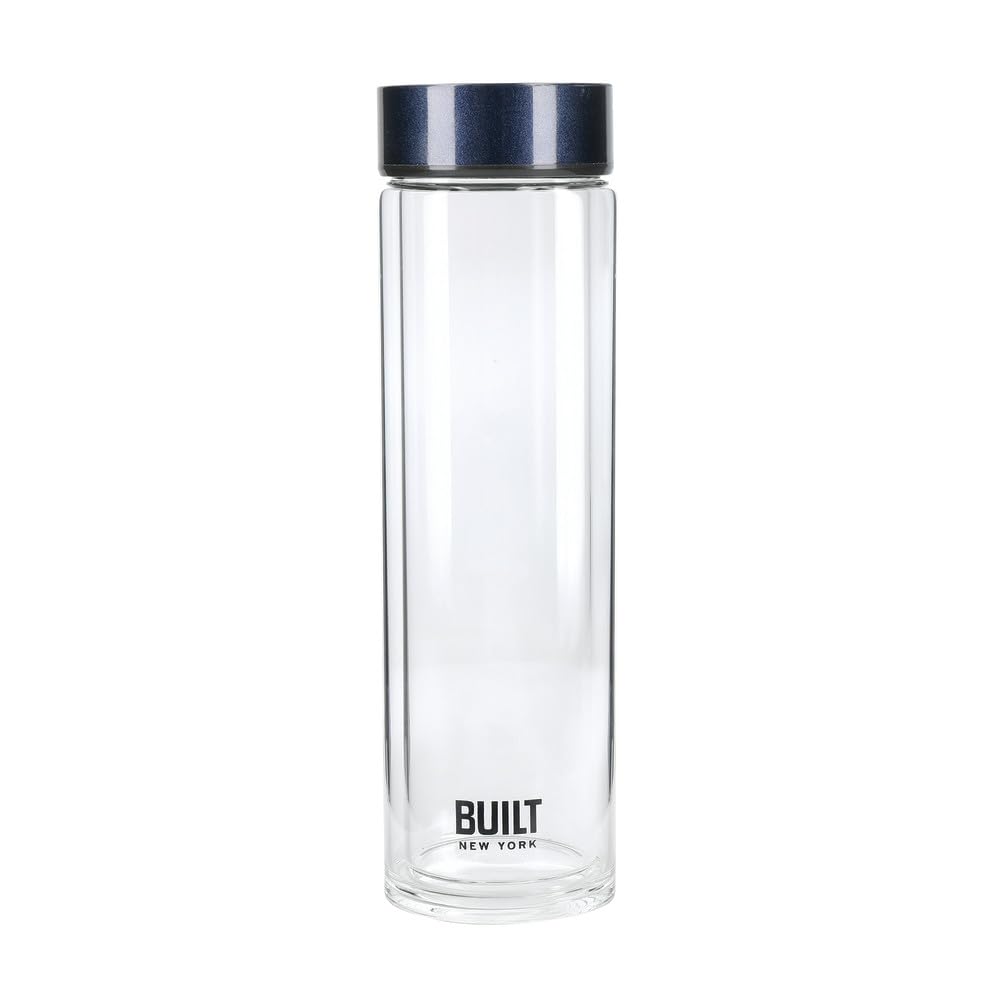 Built Tiempo Insulated Glass Water Bottle, BPA Free Borosilicate Glass / Stainless Steel Flask, Midnight Blue, 450ml