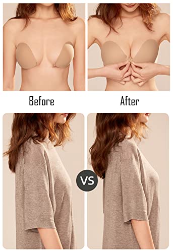 VFanxi Push Up Sticky Adhesive Bra Pasties Nipple Covers Invisible Backless Strapless Bra for Women, Beige, C
