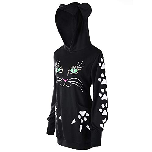 Sanyyanlsy Fall Winter Women's Cat Ear Hoodie Sweatshirt Black Long Sleeve Cat Paw Print Slim T-Shirt Tops with Pocket - Thumbnail 2