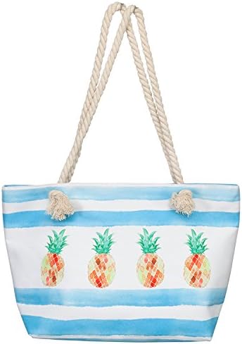Agency Avenue Watercolor Pineapple and Stripe Printed Tote Bag with Rope Handles
