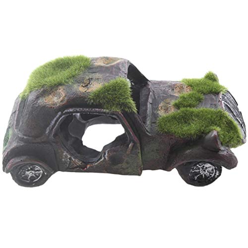 Emours Imitation Car Wreck Aquarium Ornament Car Fish Tank Underwater Landscape Decor with Flocking Moss, 6.3 x 3.1 x 2.3inch