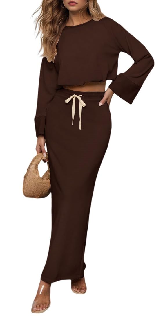 Photo 1 of Deer Lady 2 Piece Skirts Sets for Women Outfits 2025 Long Sleeve Crop Top and Maxi Skirt Pocketed Matching Set Fall Clothes Brown L