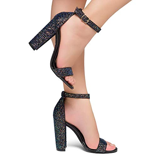 Herstyle Rosemmina Womens Open Toe Ankle Strap Chunky Block High Heel Dress Party Pump Sandals BlackGlitter 6.0