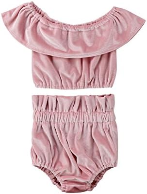 Enhill 2Pcs Toddler Infant Baby Girl Off Shoulder Ruffle Velvet Top and Shorts Outfit Set (Pink, 0-6 Months)