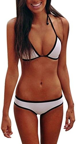 KDHJJOLY Soft Women's Sexy Halter Swim Bandeau Triangle Push-Up Padded Bikini Suit White S Hot