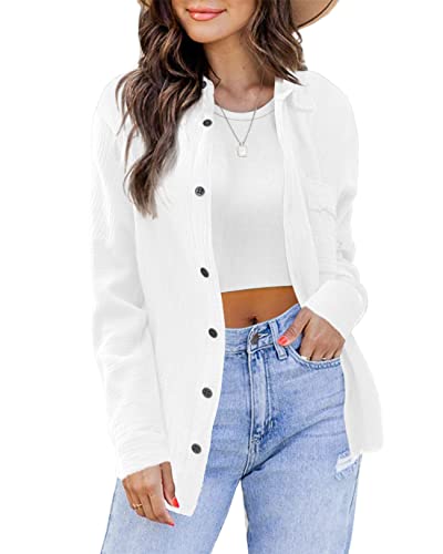 IGENJUN WHITE BUTTON DOWN FLANNEL SHIRT WOMEN TOPS FOR WOMEN CASUAL TOPS LONG SLEEVE LINEN SHIRTS TEACHER TOPS BOHO SHIRTS BLOUSE TOPS SUMMER FALL FASHION TRENDY OUTFITS 2024,S,WHITE