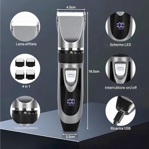 Cozary Electric Beard Shaver, Hair Machine, Professional Men's Hair Clipper, USB Charging with LED Display, 4 Guide Combs, Wireless Trimmer, Men's Beard Trimmer for Family/Barber