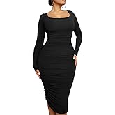 LAGSHIAN Women's Plus Size Sexy Bodycon Long Sleeve Scoop Neck Ruched Basic Midi Party Dress