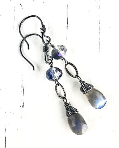 Labradorite Dangle Earrings Oxidized Sterling Silver Gemstone Jewelry Minimalist Handmade Artisan Drops
