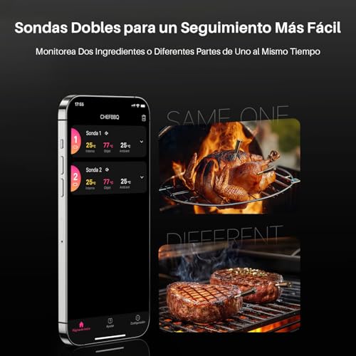 Inalámbrico Termómetro Carne - Termómetro Digital Cocina con Múltiples Sensores y Sondas Ultra Delgadas, Control por App y Manual - Precisión Bluetooth para BBQ, Horno, Parrilla y Ahumador-2 Sondas