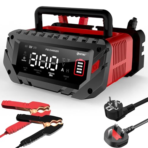 HTRC 6 V/12 V/24 V car battery charger, 30 A chargers for car batteries, battery charger for car, motorcycle, lawn mower, boat, lithium, LiFePO4 and lead acid (AGM, Gel, MF, EFB, SLA, VRLA, Wet)
