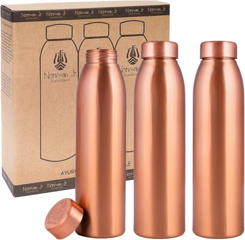 NORMAN JR. Gift Set of 3 Pure Copper Water Bottles (1L), Smooth Finish; Set of Ayurvedic Copper Bottles for Men and Women. Ideal for Father's Day, Mother's Day.