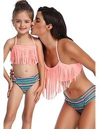 Traje de baño familiar a juego, hojas de palma impresas volantes borla bikini tankini conjunto mamá e hija traje de baño
