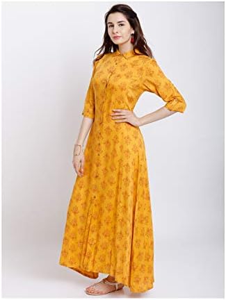 Hiral Designer mall Women Designer Yellow & Red Printed Straight Kurta for Women Tunic Top Dress 3/4 sleeve kurti