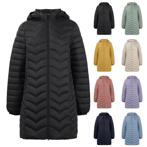 Womens Raincoat,Longline Puffer Jacket Fleece Lined Padded Puffer Coat Ladies Winter Warm Outerwear Hooded Quilted Down Jackets Full Zip Trench Coats with Detachable Hood