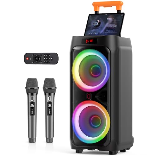 JYX Karaoke Machine for Adults with Dual 8" Subwoofer, 500W Bluetooth 5.3 Big Speaker with 2 UHF Wireless Microphones,DJ Lights PA System Suit TF/USB/AUX/TWS,Rolling Wheels Trolley for Outdoor Party