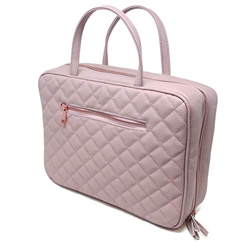 Leather Toiletry Travel Bag for Women - Large Cosmetic Size with 4 Pockets - Rose Gold Hardware and Satin Interior - Dusty Pink