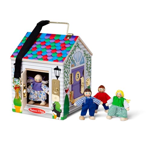 Melissa & Doug Take-Along Wooden Doorbell Dollhouse - Doorbell Sounds, Keys, 4 Poseable Wooden Dolls Portable Doll House, Doorbell House for Kids Ages 3+