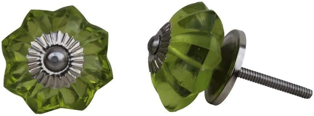 KPAVIR Green Crystal Glass Cabinet Knobs – Decorative Drawer Pulls with Silver Metal Base, Vintage Flower Design for Kitchen Cabinets, Dresser, Wardrobe & Furniture (Set of 6)