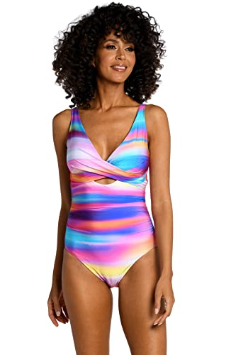 La Blanca Women’s Cross Front Keyhole One Piece Swimsuit, Multi//Sunset Shores, 16