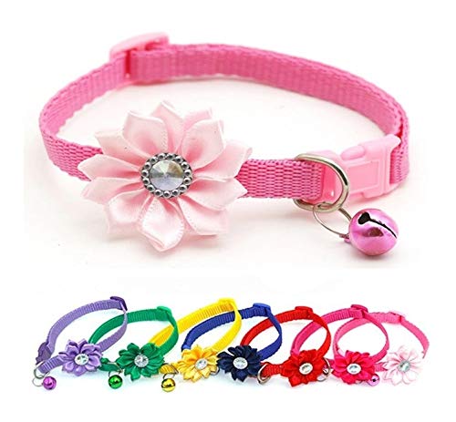 Small Dog Puppy Pet Collar Flower Floral Decoration with Bell Nylon Adjustable Size 19-32cm Light Pink