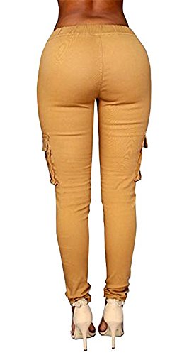 Coutgo Womens Casual stretch drawstring skinny pants cargo jogger pants (XXXL, yellow)