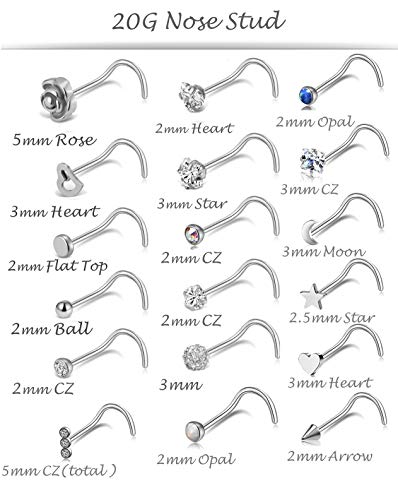 Tornito 20G 38Pcs Stainless Steel Nose Screw Studs Rings CZ Hoop Tragus Cartilage Nose Ring Labret Nose Piercing Jewelry for Men Women (A01:38Pcs, Silver Tone)