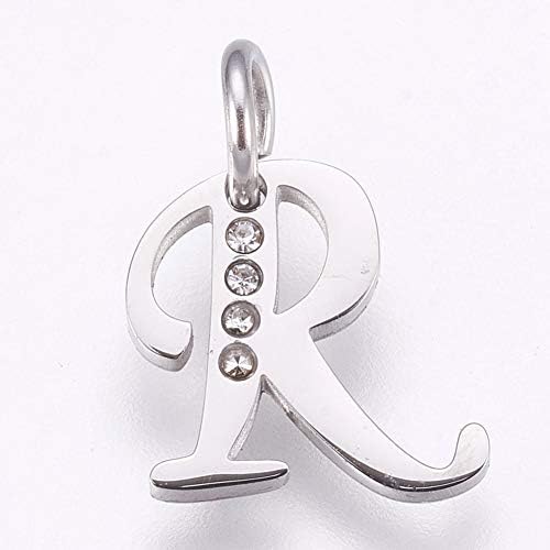 DanLingJewelry 304 Stainless Steel 10pcs Rhinestone Slide Charms Assorted Alphabet Charm Pendant Loose Beads Letter R Pieces(10.5x14x1.5mm,Hole:4mm)
