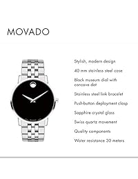 Reloj de acero inoxidable Museum de Movado para hombre con esfera de museo de punto cóncavo, plateado   negro (modelo 607199)