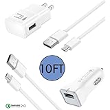 Samsung Galaxy S7 / S6 / S7 Edge / Note 5 / S6 Active Charger by ixir combo Charger! (Wall Charger + Fast Car Charger + 2 Micro Cable) ] Fast Charging Charge up to 50% faster! – White (10 FEET)