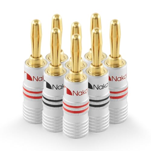Nakamichi Excel Series 24k Gold Plated Banana Plug 12 AWG - 18 AWG Gauge Size 4mm for Speakers Amplifier Hi-Fi AV Receiver Stereo Home Theatre Radio Audio Wire Cable Screw Connector 8 Pcs (4-Pairs)