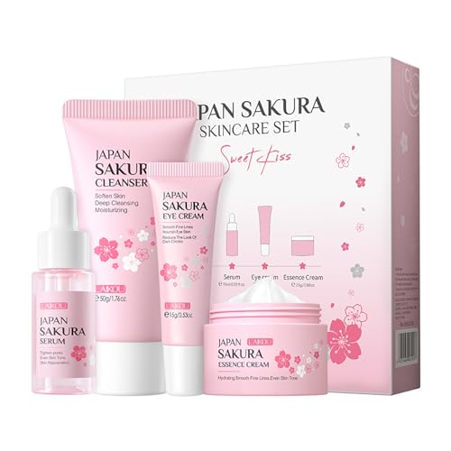 LAIKOU Sakura Skincare Set, 4 PCS Skincare Gift Set Women - Cleanser, Serum, Eye Cream, Face Cream, Skincare Gift Set for Women Teenage Girls Mom Daughter