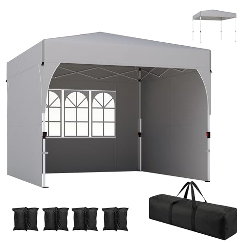 Outsunny 9.6 x 9.6 ft Pop Up Canopy Tent with 3 Sidewalls, UPF 50+ 1-Button Push Easy Setup Outdoor Instant Canopy Portable Shelter with 4 Sandbags, Carry Bag, Light Grey