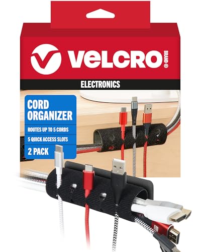 VELCRO Brand Cord Organizer for Desk & Nightstand, 5 Cable Slots with Sleeve Routing, Adhesive Wire Holder for Cord Management, Home, Workshop, Gaming & Office Essentials, Black 2 Pack