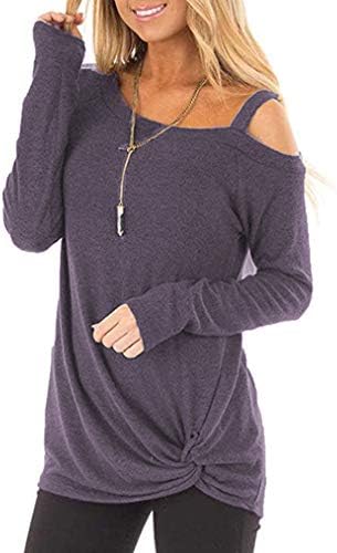 MISELON Women's Cold Shoulder T-Shirt Long Sleeve Blouses Knot Twist Front Tunic Tops