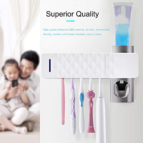 Uv Toothbrush Sanitizer, Uv Toothbrush Holder Wall Mounted Toothpaste Dispenser with Sterilization Function, 5 Toothbrush Sterilizer Holder for Family Kids, Shower Bathroom, USB Charging - Thumbnail 2