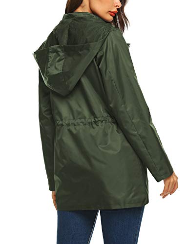 URRU Women's Waterproof Outdoor Raincoat Lightweight Rain Jacket Active Hooded Windbreaker Trench Coat Army Green S - Thumbnail 5