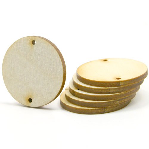 Mylittlewoodshop - Pkg of 12 - Circle Cutout - 2 inches by 2 inches with 2 2mm holes and 1/8 inch thick unfinished wood(LC-CCWH192-12)