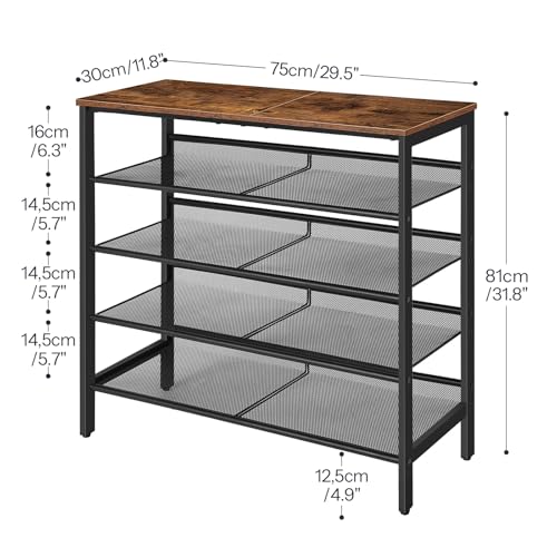 HOOBRO Shoe Rack, 5-Tier Shoe Rack, Shoe Cabinet, Adjustable Metal Mesh Shelf, Spacious Top, Holds 16–20 Pairs, for an Entrance, Corridor, Industrial use, Vintage Brown/Black, EBF12XJ01