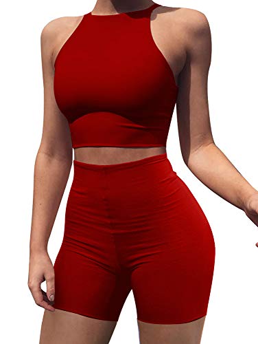 BEAGIMEG Women's Sexy 2 Pieces Outfit Halter Crop Top Bodycon Shorts Set Red