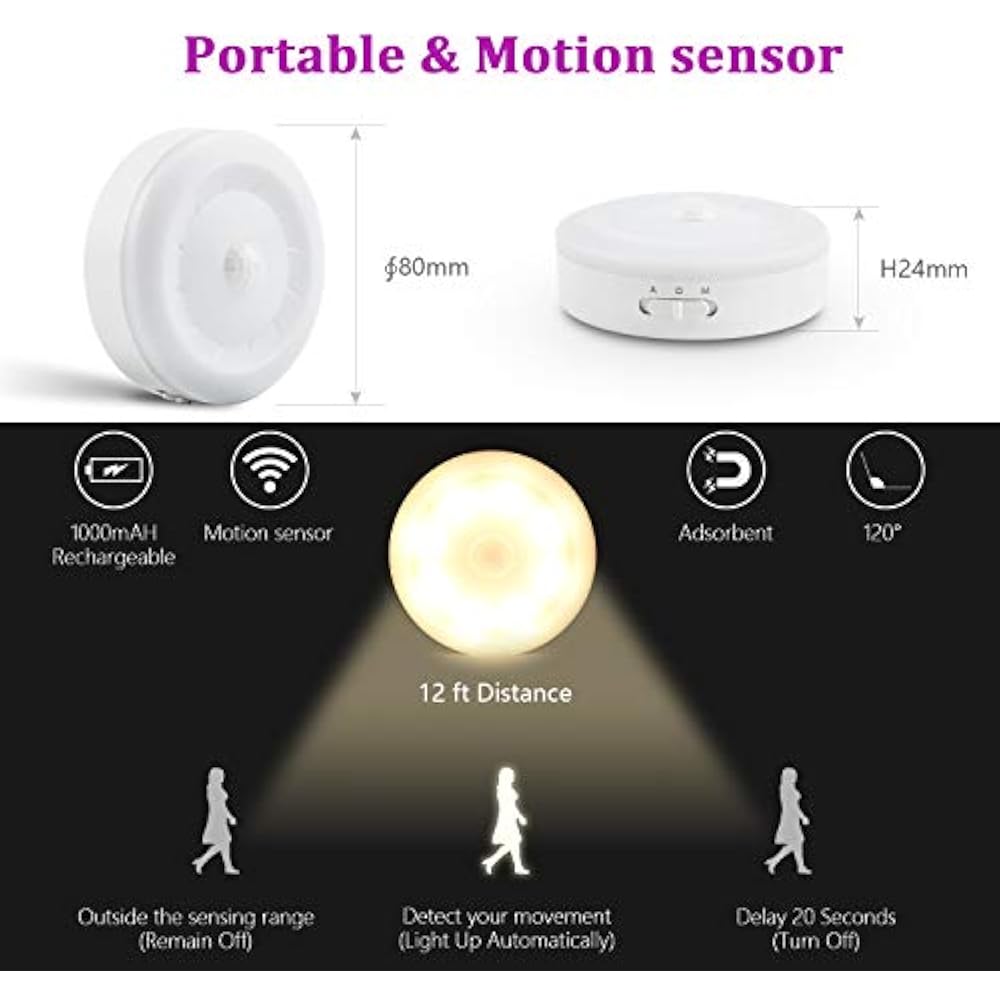 Rechargeable Puck Lights 1000mAH Battery Operated Motion Sensor LED