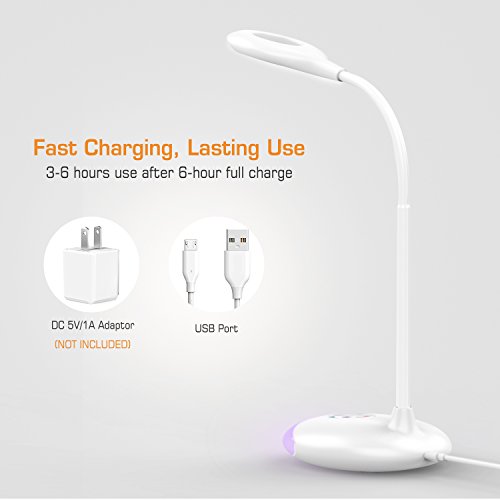 MoKo LED Desk Lamp with Dimmable Color, Portable Reading Table Light with built-in 1800mAh rechargeable battery, Flexible Gooseneck, Touch Control, For Kids Study Home Office -White