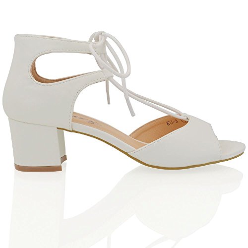 ESSEX GLAM Womens Chunky Low Heel Sandals Lace Up Tie Peep Toe Evening Shoes
