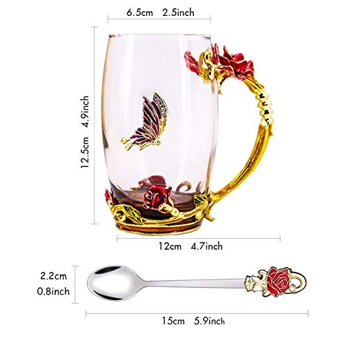 Tea Cup Coffee Mug Cups, Clear Glass Coffee Cups Tea Mugs with Spoon Set Handmade Enamel Butterfly Rose Flower,13 oz (Red Rose) Ideal for Friend Wedding Anniversary Birthday Presents