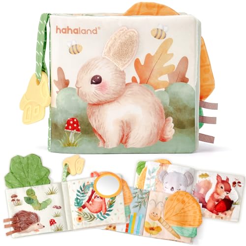 hahaland Baby Fabric Books 0-6 Months – Soft Interactive Animals Tactile Booklet with Mirror – Sensory Tummy Time Baby Stroller Toys