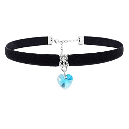 Gothic Choker Necklace - Black Velvet and Blue Crystal Heart Shaped Gem